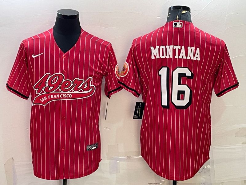 Men San Francisco 49ers 16 Montana Red stripe 2022 Nike Co branded NFL Jerseys
